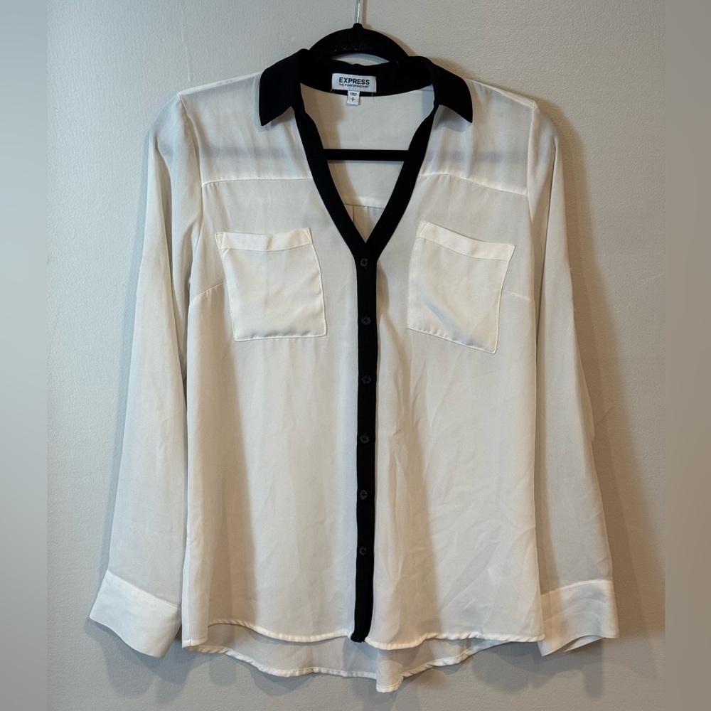 Express Portofino Shirt Button Down Blouse White Black Details Women's Small